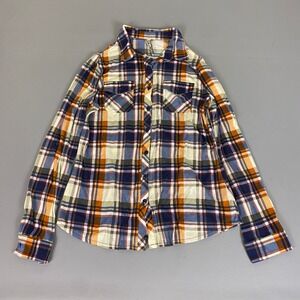 RNB Flannel Shirt Women's Size Large Plaid Button Up Blue Orange Long Sleeve